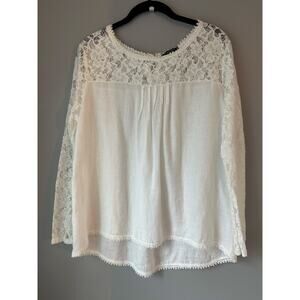 Lungo L'Arno Italy Women White Linen Lace Crochet Trim Blouse LS Top SZ M